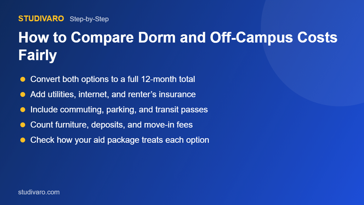 steps for a dorm vs off-campus living student cost comparison