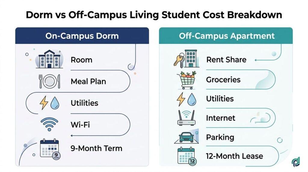dorm vs off-campus living student cost comparison breakdown infographic