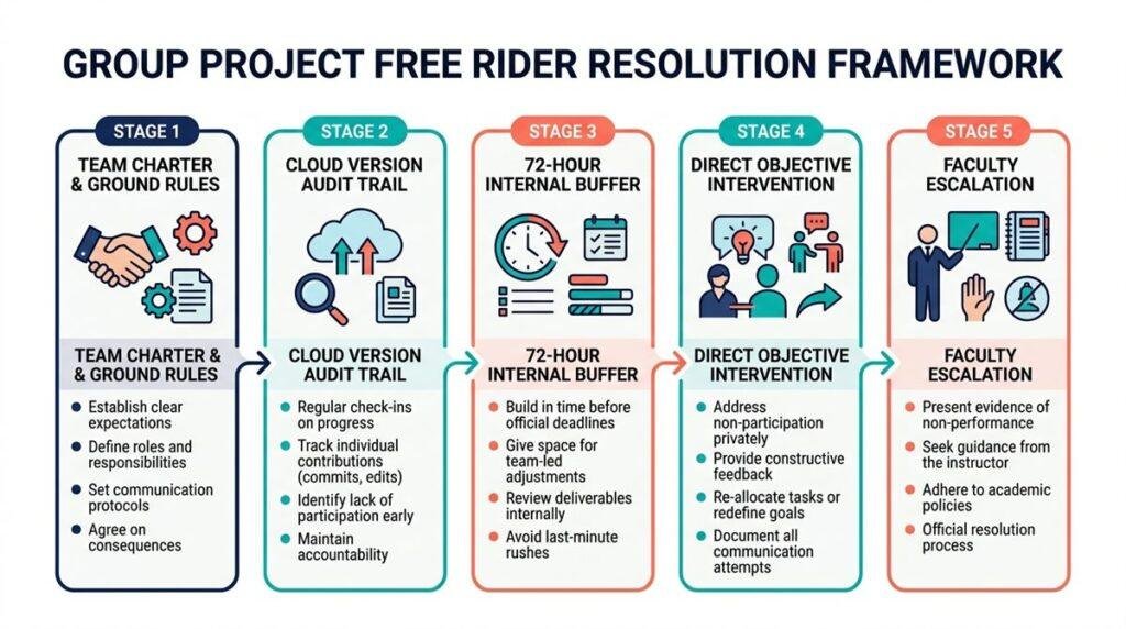 group project free rider problems resolution framework infographic
