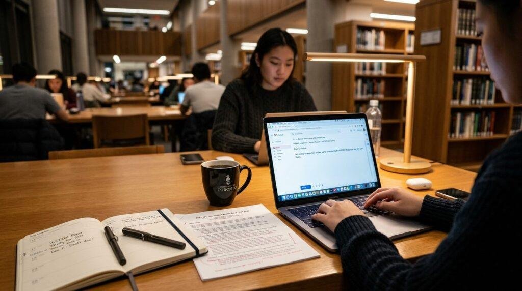 Student drafting an email to a professor requesting an assignment extension in a university library with notes and syllabus