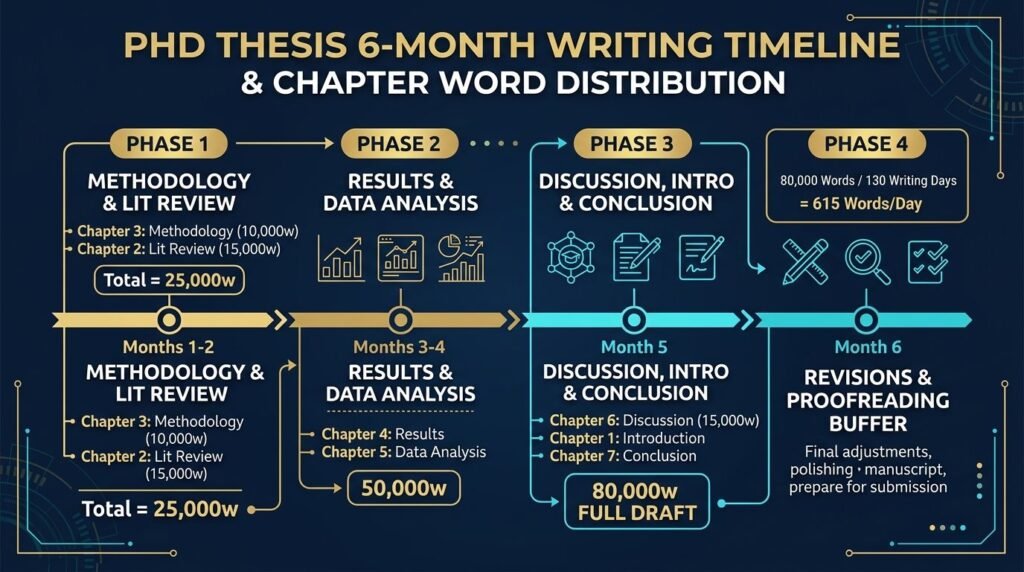 phd thesis 6 month writing timeline and chapter word distribution infographic