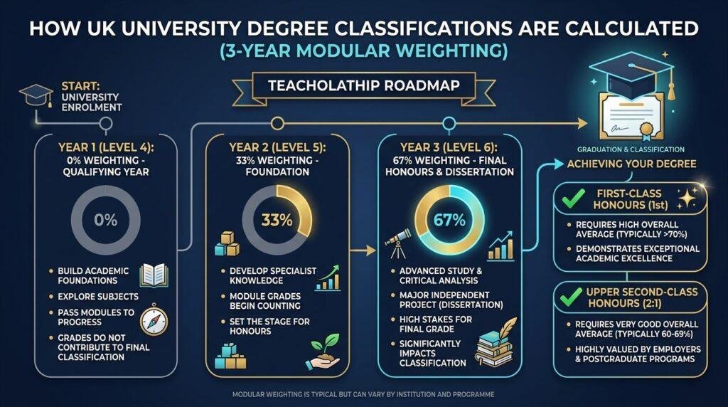how uk university degree classifications are calculated 3-year modular weighting
