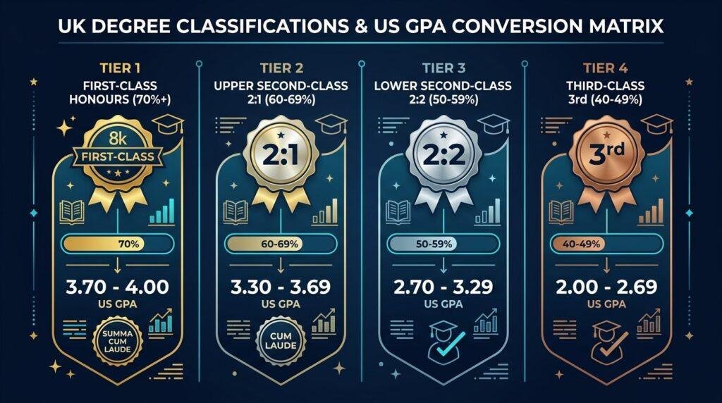 uk degree classifications to us gpa conversion matrix infographic