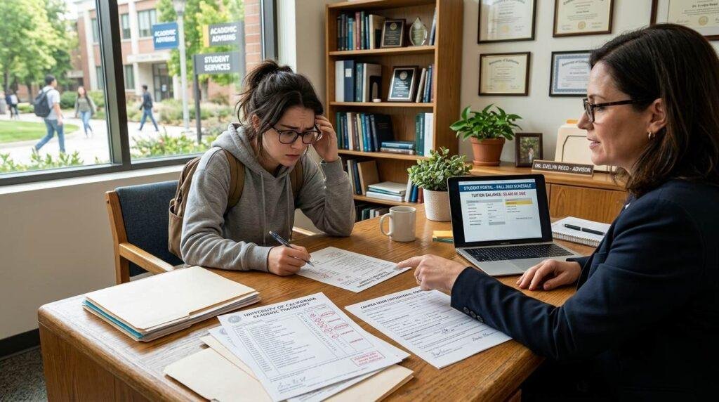 Academic advisor explaining dropping a class vs withdrawing to college student