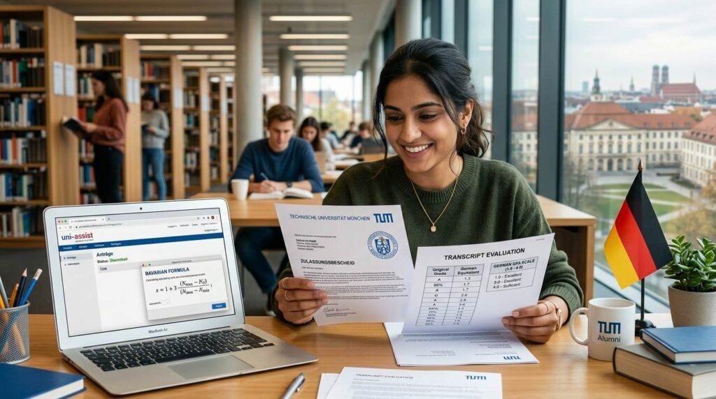 International university student reviewing German grade conversion and uni-assist admission letter